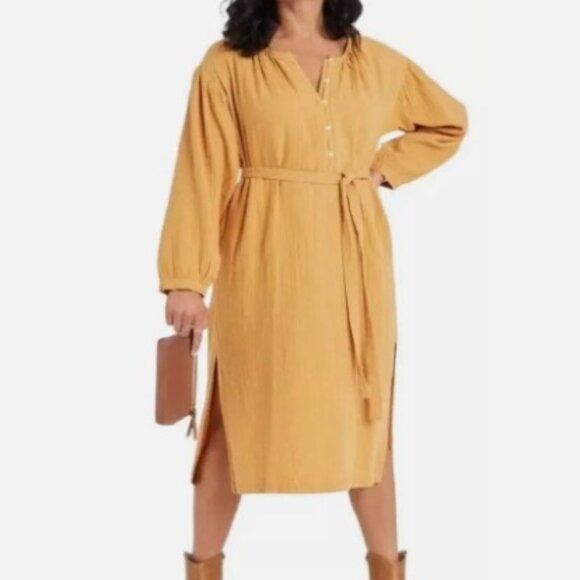 Universal Thread Mustard Gold Balloon Sleeve Gauze Dress Midi Tie Waist Henley - Picture 1 of 5